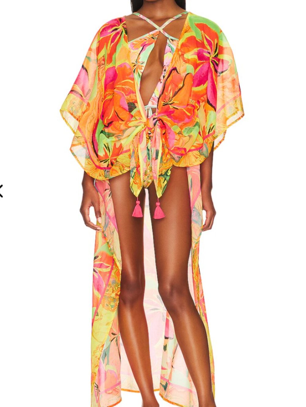 Agua Bendita x Revolve Floral Swim Cover Up Tunic One Size NWT Tassel Kaftan